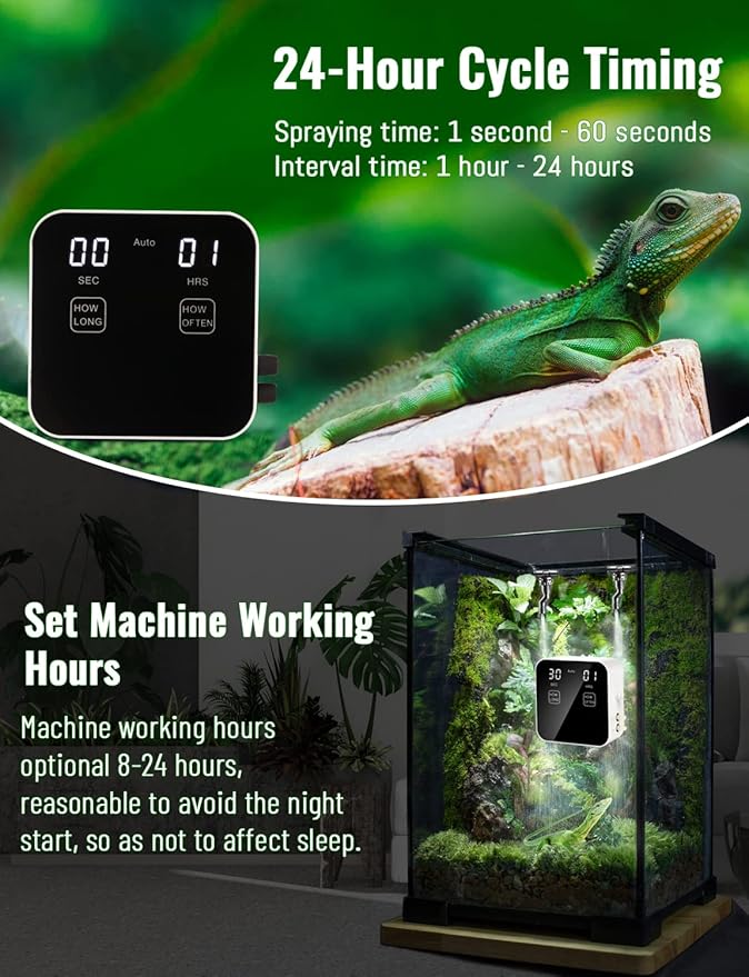 Reptile Mister Automatic, Quiet Reptile Misting System with Timer, Reptile Fogger Humidifiers with Fine Water Mist Nozzles, Terrarium Mister Humidifiers with Water Shortage Protection