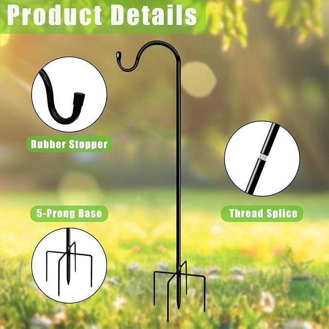 Shepherds Hooks for Outdoor 42 Inch Garden Bird Feeder Pole with 5 Prongs Base Adjustable for Hanging Flower Basket Plant Pot Solar Lantern Light Wind Chime Hanger for Wedding Decor 2 Pack