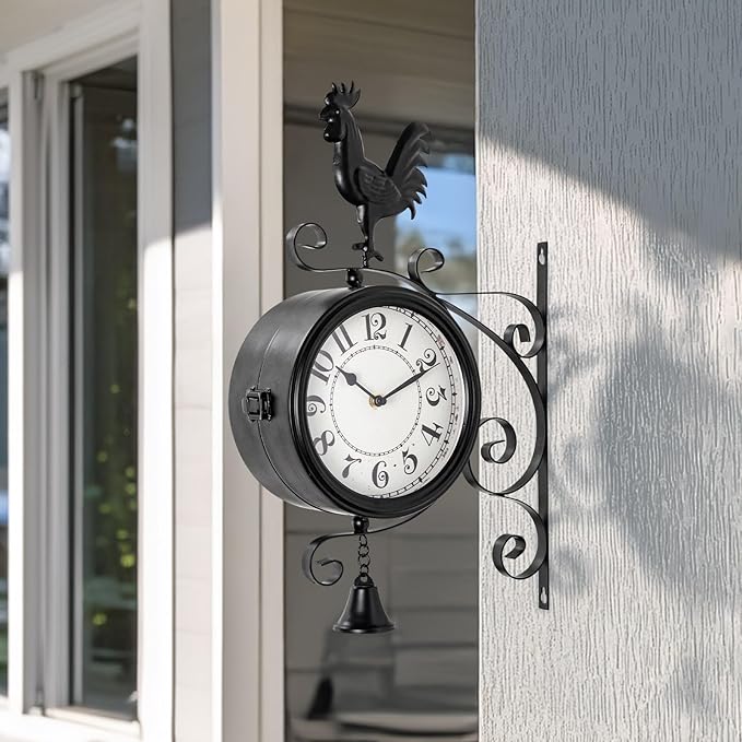 Outdoor Post Clock with Interchangeable Rooster Bird and Bear Accessories, Double-Sided Hanging Farmhouse Iron Clock with Bell for Outdoor Garden Porch and Indoor Decor 13x18