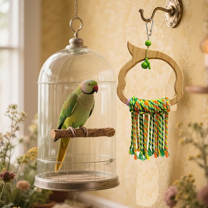 Bird Swing for Parrots – Extra Strong Natural Wood and Rope Hanging Toy for Medium-Sized and Small Birds,Cage Perch Accessory for Macaws,Cockatoos,Parakeets,African Greys,Conures
