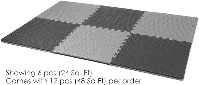 Xspec 1" Extra Thick 48 sq ft Reversible EVA Gym Foam Floor Mat Tiles (24" x 24"), Steel Pattern, 12 pcs, Black & Grey