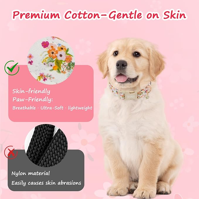 Handmade Cotton Floral Dog Collar,Blooming Pastel Roses Design Collar for Dogs, Breathable, Adjustable, Soft, and Comfortable Collars for Small Dogs, Trendy Daily Wear for Boy & Girl Puppy-M