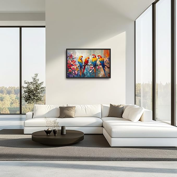 Extra Large Framed Parrot Bird Wall Art,Oversized Abstract Colorful Parrots Flower Wall Decor Pictures for Living Room,Canvas Print Painting Modern Artwork Bedroom Office Bathroom Home Decor 36L x24W