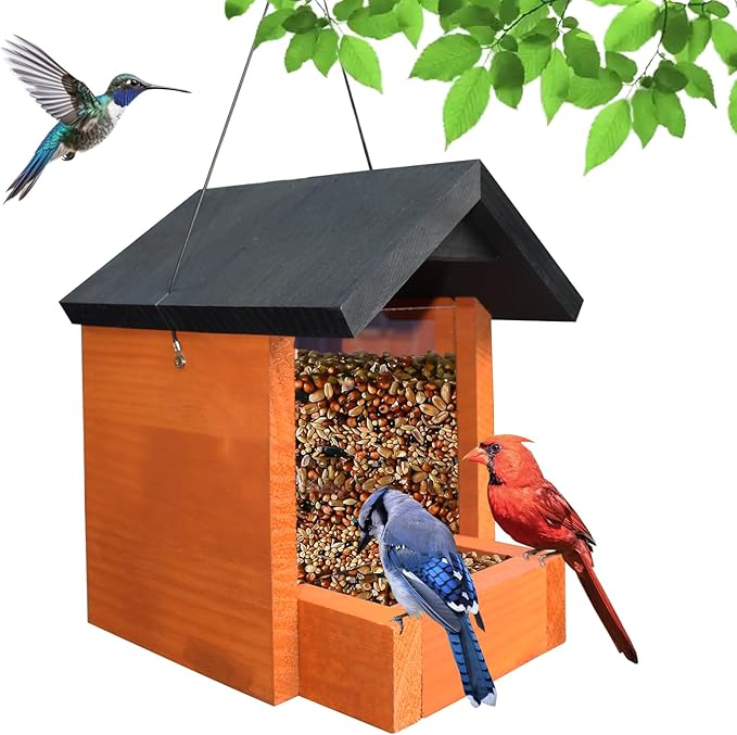 Hanging Wooden Platform Bird Feeder – Outdoor Tray Bird House Feeder for Cardinals and Wild Birds – Flat Platform Feeders for Backyard and Garden Use (Orange)