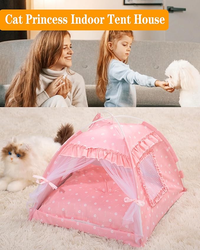 Cat Princess Bed Tent House - Kitty Cute Beds Indoor,Small Dog House Indoor/Outdoor Cave Nest Bed Small Dog Tent for Cat,Puppy Tents (15.7"x15.7"x14.5"/Pink)
