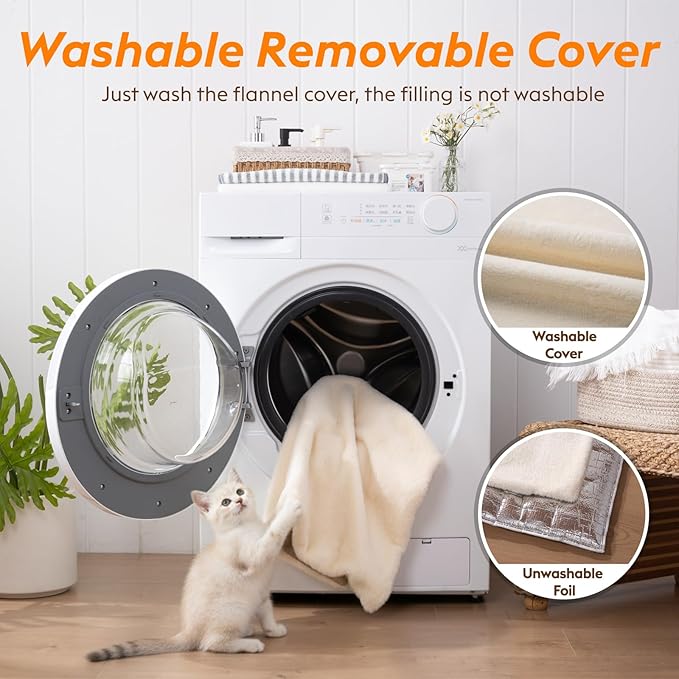 Self Warming Cat Bed, Heating Cat Pad, Extra Soft Flannel Surface, Removable ＆ Washable, Thick Thermal Mat with Non-Slip Bottom (Ivory, 29" X 19")