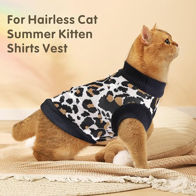Idepet Cat Clothes Kitten Sweater Soft Kitten Shirt Cute Leopard Print Kitty Vest Pullover Pajamas Jumpsuit Cotton Apparel for Hairless Cats &Puppy (White,XXL)