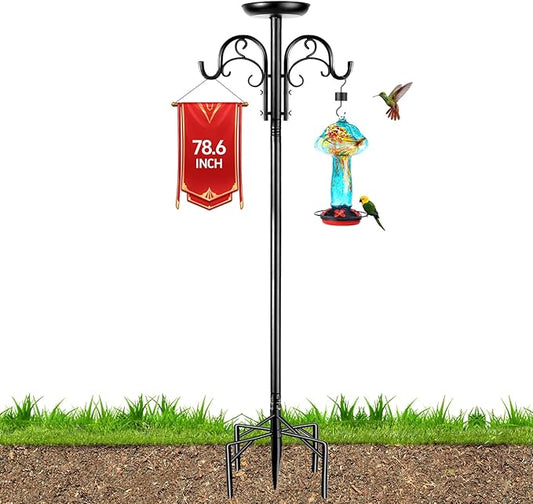 Double Shepherds Hooks for Outdoor Heavy Duty, Adjustable Shepherds Hook, 1 Pack 77 inch with 5 Prongs Base, Garden Hooks for Hanging Bird Feeders, Hanging Plants, Solar Light Lantern