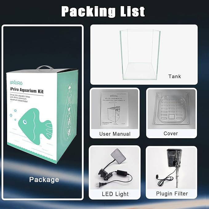 Ultra White Glass Betta Aquarium Starter Kits 1.5 Gallon Small Fish Tank, Betta Fish Tank with LED Light, Power Filter, 4mm Glass