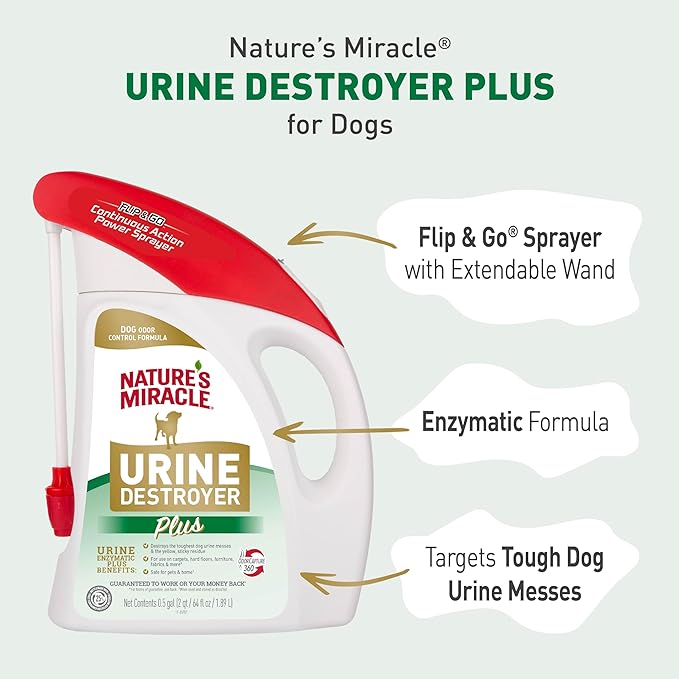 Nature's Miracle Urine Destroyer Plus for Dogs with Flip & Go Sprayer, 64 Ounces, Enzymatic Formula for Dogs Powers Out Tough Dog Urine Messes and Yellow, Sticky Residue