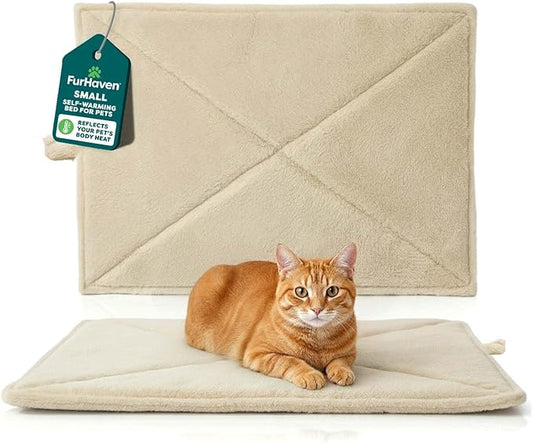 Furhaven ThermaNAP Self-Warming Cat Bed for Indoor Cats & Small Dogs, Washable & Reflects Body Heat - Quilted Faux Fur Reflective Bed Mat - Cream, Small