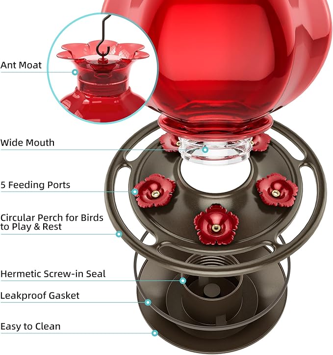 Auslar Hummingbird Feeder, Red Glass Hummingbird Feeders for Outdoors Hanging with Ant Moat, 5 Simulation Flowers Feeding Ports, 23 Ounces, Rustproof, Fade Proof, Pomegranate Shape