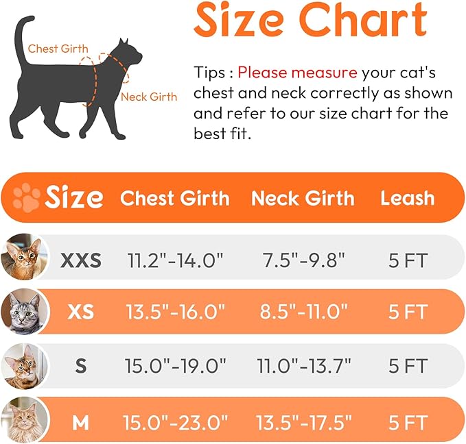 Dooradar Cat Harness and Leash Set, Escape Proof Safe Adjustable Kitten Vest Harnesses for Walking, Easy Control Soft Breathable Mesh Jacket with Reflective Strips for Cats, Orange, S