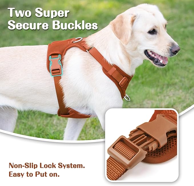 No Pull Dog Harness for Small Medium Large Dogs - Adjustable Two-Layer Mesh Dog Vest with Dual Clip, Escape Proof, Quick Release, Lightweight Breathable Mesh for Walking Hiking (Carmel Brown,L)