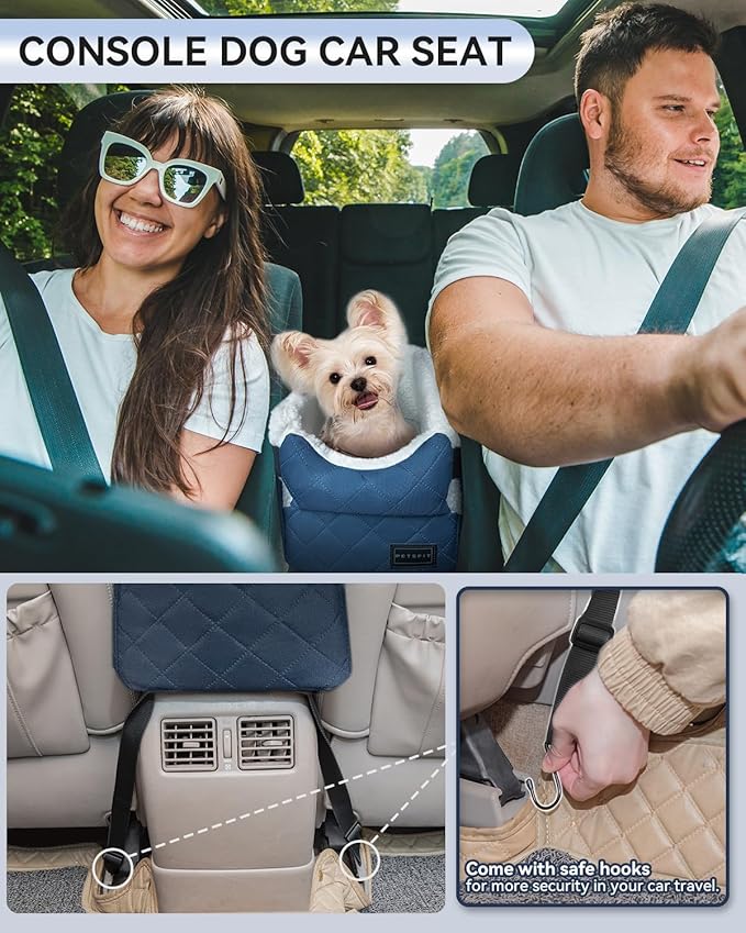 PETSFIT Center Console Dog Car Seat with Safe Protection Hooks, Pet Car Seat with Upgraded Safety Tethers, Washable Cushion, Console Dog Car Seats for Small Dogs Up to 8 Lbs(Blue)
