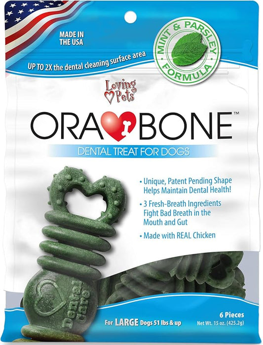 Loving Pets Ora-Bone™ Dental Chews for Dogs – USA Made Dog Dental Sticks with Parsley & Mint – Patented Shape to Reduce Plaque, Tartar, Massage Gums & Freshen Breath (Large Dogs 15 oz.)