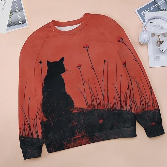 Long Sleeve Shirts for Women Cat Oil Painting Shirt 3D Graphic Sweatshirts Fall Pullover Crewneck Vintage Boho Tops