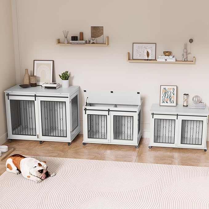 IchbinGo Large Dog Crate Furniture, 47" Wooden Dog Kennel with Sliding Barn Door, Flip-Top Lid & Wheels, Indoor Pet Crate Table with Detachable Divider for Small/Medium/Large Dogs (White)