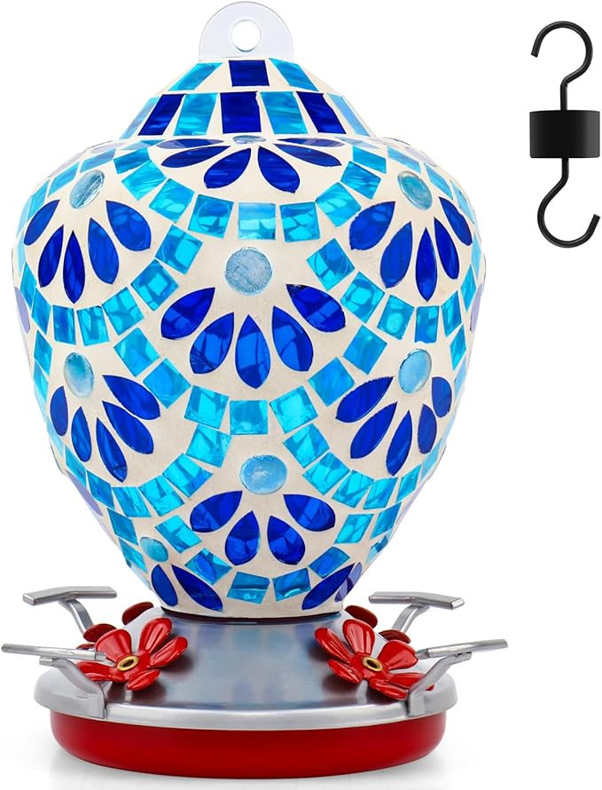 VOREEN Glass Mosaic Hummingbird Feeders, 34OZ with Ant Moat & 4 Feeding Ports, Hand Blown Glass Outdoor Hanging Bird Feeder, Porch Garden Backyard Decor, Gift for Mom Wife Friend, Blue Flowers Design