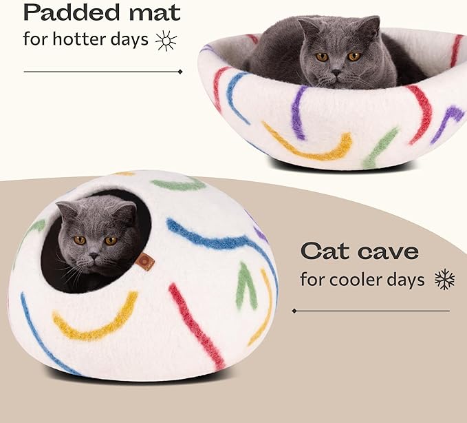 MEOWFIA Cat Cave – Premium Felt Cat Bed for Indoor Cats, Handmade 100% Merino Wool (Medium, Ivory Rainbow)
