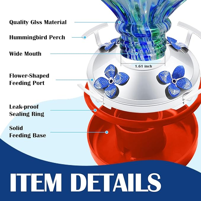 Glass Hummingbird Feeder with Ant Moat 25.4 OZ Large Capacity Hand Blown Glass Blue Hanging Wild Bird Feeder for Backyard Garden Outdoors Decorations with Hook Brush Birds Lovers Gift