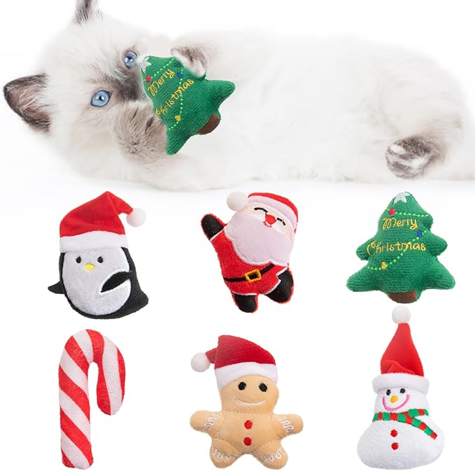 6pcs Christmas Catnip Toy，Indoor Santa Claus Snowman Tree Shaped Cat Toy Plush Interactive Chew Bite Toys for Cat Kitten Indoor Festive Holiday Cat Lover Gift