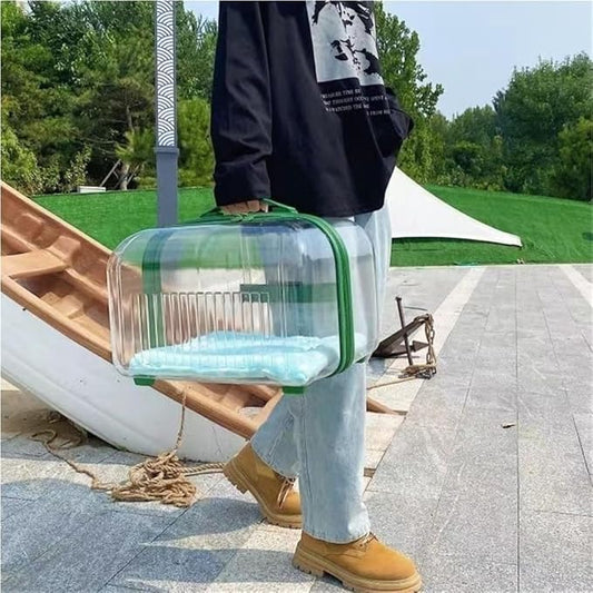 Rolling Pet Trolley Case, Portable Hard Shell Pet Carrier, Clear Plastic Cat Travel Box, Suitable for Cats and Dogs(Green,9.8 * 11.0 * 15.4in)