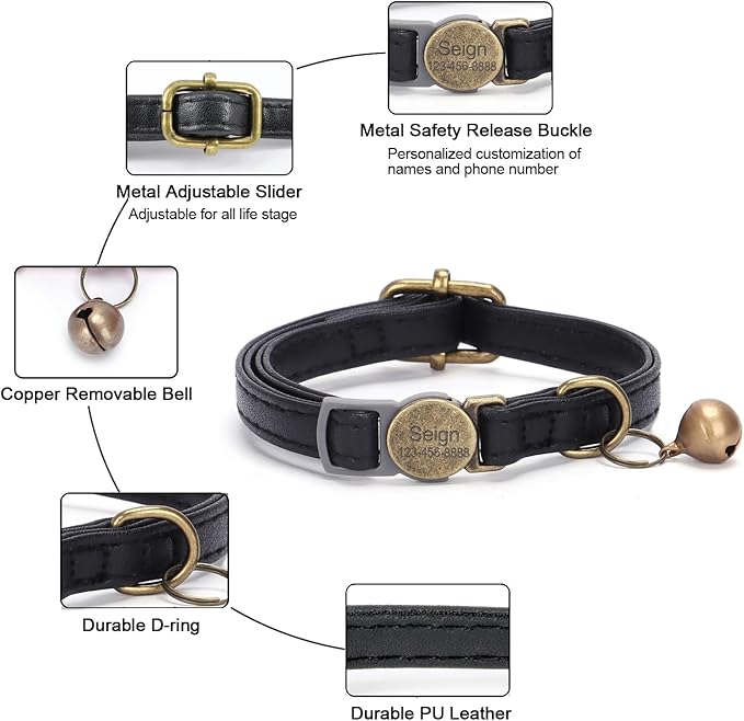 Leather Cat Collar Breakaway, Custom Cat Kitten Collar with Bells, Personalized Cat Collars with Name and Phone Number for Boy Girl Cats (Black, 6.3“-11.8“)