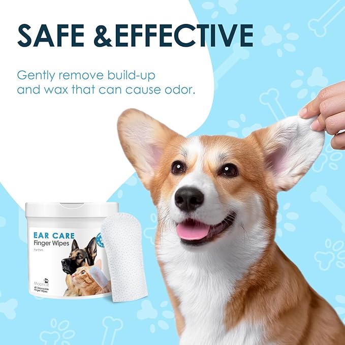Mooncat Cat & Dog Ear Cleaner Wipes - Gentle Finger Wipes for Ear Infection, Mites, Wax & Odor - Easy & Soothing Itch Relief Cleaning Solution for Sensitive Ears - 40 Finger Wipes