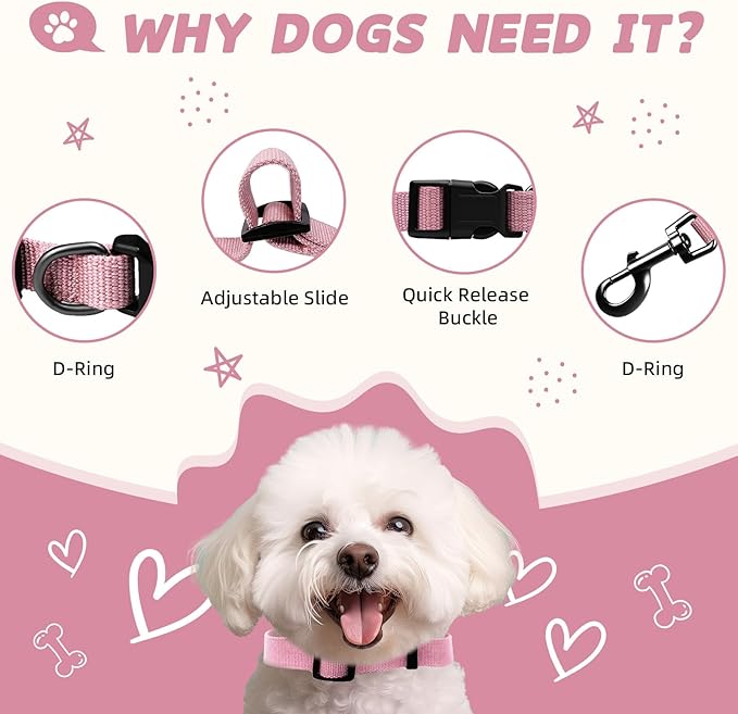 Pink Dog Collar and Leash Set for Small Dogs, Breathable, Anti-Odor & Soft, Comfortable for Sensitive Skin Puppies, 90% Bamboo Rayon, Adjustable Quick-Release Buckle Pet Collar for Chihuahuas Frenchie