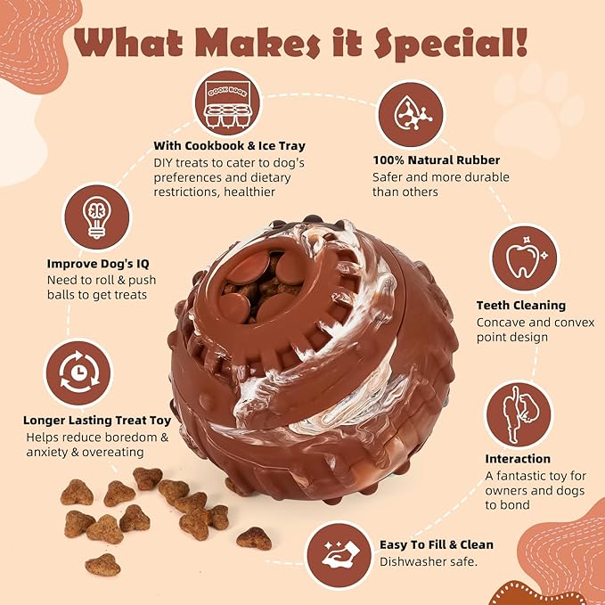 Dog Distraction Toy - Dog Toys to Keep Them Busy to Reduce Anxiety, Medium Chew Toy Ball Treat Dispenser with Freezable Fillable Treats Tray Mold for Aggressive Chewer, 4-IN-1 Mentally Stimulating Toy