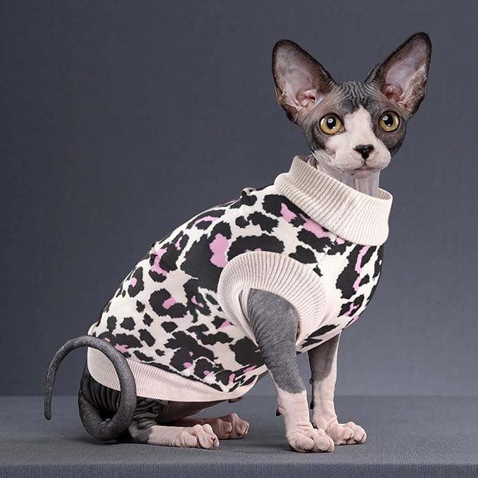 Idepet Cat Clothes Kitten Sweater Soft Kitten Shirt Cute Leopard Print Kitty Vest Pullover Pajamas Jumpsuit Cotton Apparel for Hairless Cats & Puppy (Pink,M)
