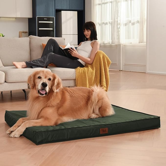 Outdoor Dog Bed for Medium Dogs, Waterproof Dog Crate Bed for Puppy Beds, Orthopedic Egg Crate Foam Pet Bed with Washable and Removable Oxford Cover, Dark Green