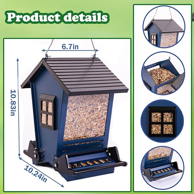 LSCQYYCCSquirrel Proof Bird Feeders for Outdoors Hanging, 5LB Capacity Metal Wild Birdfeeders Outside Hanging,Large Feeder That Attracts Cardinals, Chickadees, and More Birds-One in Blue