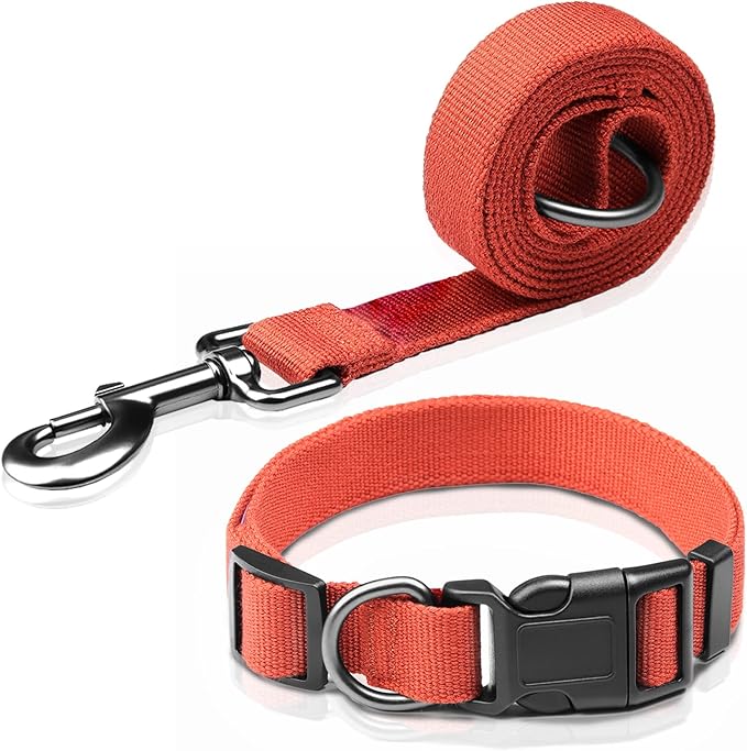 Orange Dog Collar and Leash Set for Large Dog, Breathable, Anti-Odor & Soft, Comfortable for Sensitive Skin Puppies, 90% Bamboo Rayon, Adjustable Quick-Release Buckle Pet Collar for Large Breeds