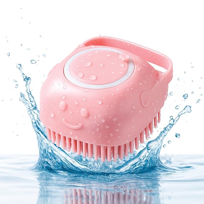 HamInWay Dog Bath Brush, 2-in-1 Dog Brush for Grooming with Built-in Shampoo Dispenser, Gentle Silicone Bristles for Bath & Massage,Easy Clean Design for Dog, Cats & Small Pets, Pink