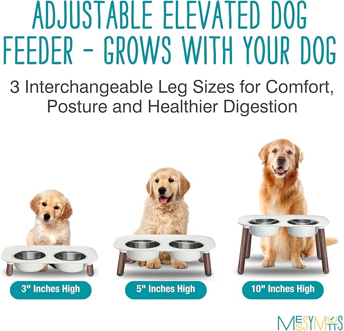 Messy Mutts Elevated Double Feeder with Stainless Bowls | Adjustable Height 3”, 5”, or 10” | Adjustable Standing Feeder for Dogs | 5 Cups per Bowl | Light Grey with Faux Wood Legs