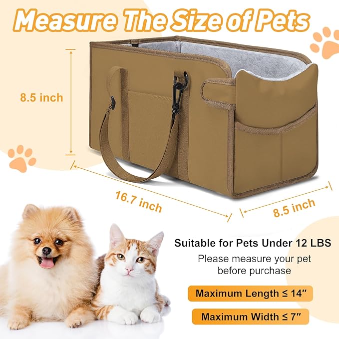 Portable Dog Car Seat for Small Dogs - Adjustable Safety Leash, Washable Cushion & Storage Pocket - Pet Booster Seat for Car Travel- Khaki