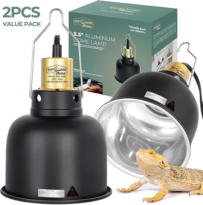 2 Pack Reptile Light Fixture, 5.5in Deep Dome Reptile Heat Lamp Fixture with Switch, Dual Terrarium UVB Basking Light Fixture for Bearded Dragon Snake, Suitable for E26 Bulbs Up to 100W