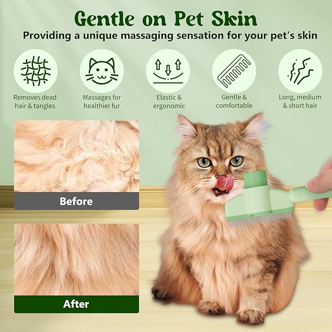 Pet Hair Removal Comb Flea Comb, 2025 New Cat Grooming Brush with Release Button, De-Shedding Cat Brush for Short and Long Hair Cats (Green)