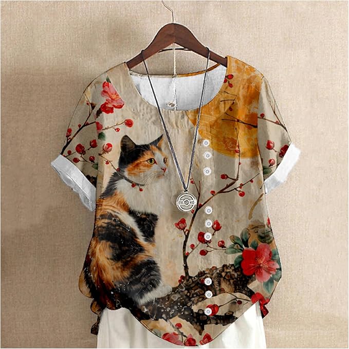 Japanese Print Women Summer Shirts Flower Bird Graphic Plus Size Tunic Tops Crewneck Short Sleeve Blouses