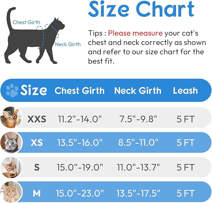 Dooradar Cat Harness and Leash Set, Escape Proof Safe Adjustable Kitten Vest Harnesses for Walking, Easy Control Soft Breathable Mesh Jacket with Reflective Strips for Cats, Light Blue, XXS