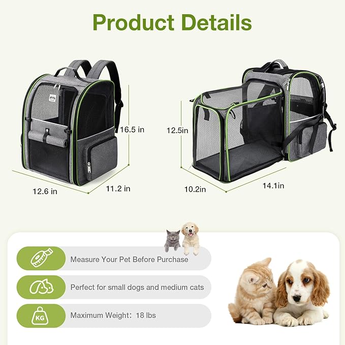 Lekebobor Large Cat Backpack Carrier Expandable Pet Carrier Backpack for Small Dogs Medium Cats Fit Up to 18 Lbs,Dogs Foldable Puppy Backpack Carrier for Travel, Hiking,Grey with Green Edge, XL