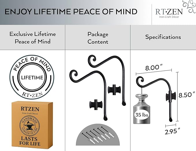 RTZEN Plant Hangers Outdoor or Indoor - Wrought Iron Metal Hanger Indoor Hook - Heavy Duty Wall Bracket Hooks for Hanging Plants Baskets Lanterns Wind Chimes - 2 Pack (Black Axe-Shape Hooks)