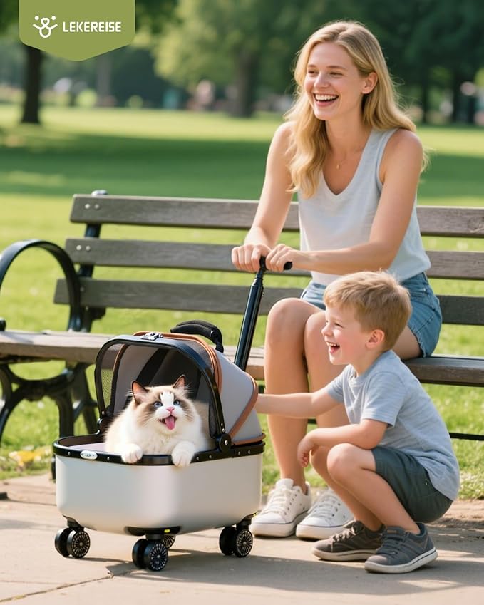 Lekereise Cat Carrier with Wheels (Gray), 180° Wide Open Rolling Cat Carrier for Road Trips, Car Trunk-Fit & Stable Base for Long-Distance Travel, Portable Pet Carrier for Cats Up to 15 lbs