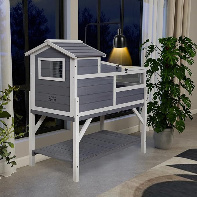 GEGURI Tortoise Habitat House Indoor Outdoor, 3-Room Wooden Turtle Enclosure Reptile Cage with Shelf Storage, Balcony & 2 Stories for Small Animals