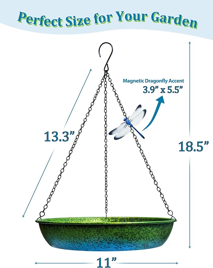 Hanging Bird Bath for Outside Metal Hanging Bird Feeder Window Birds Feeder Hand-Painted Blue and Green Gradient 11 in for Birds to Seed Bathe and Drink for Back Yard, Deck,Patio Garden Decoration
