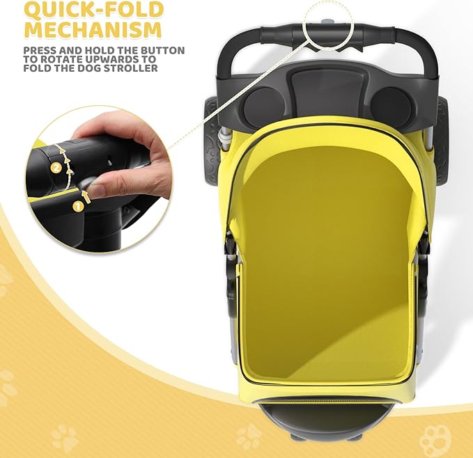 Magshion 3-Wheel Pet Stroller, Foldable Travel Jogger for Small & Medium Dogs & Cats (Up to 33lbs), Lightweight Carrier with Breathable Mesh Cover, Cup Holder & Storage Basket, Yellow