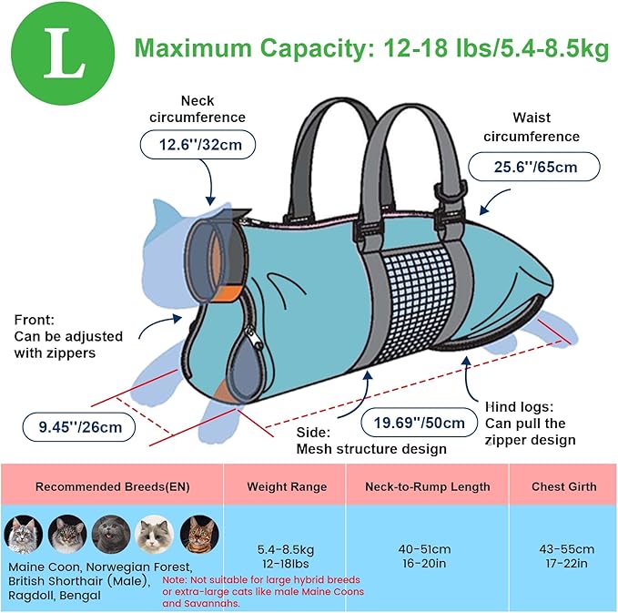 Cinf Cat Nail Clipping Cleaning Grooming Restraint Bag (Free Muzzle) Set No Scratching Biting for Bathing Nail Trimming Injecting Examining(Blue,L)