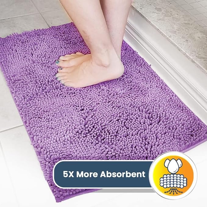 Muddy Mat® AS-SEEN-ON-TV Highly Absorbent Microfiber Door Mat and Pet Rug, Non Slip Thick Washable Area and Bath Mat Soft Chenille for Kitchen Bathroom Bedroom Indoor and Outdoor - Purple 24" x 120"